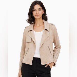 Suede Taupe Beige Blazer Jacket Sz S Minimalist Business Casual Zip Pockets